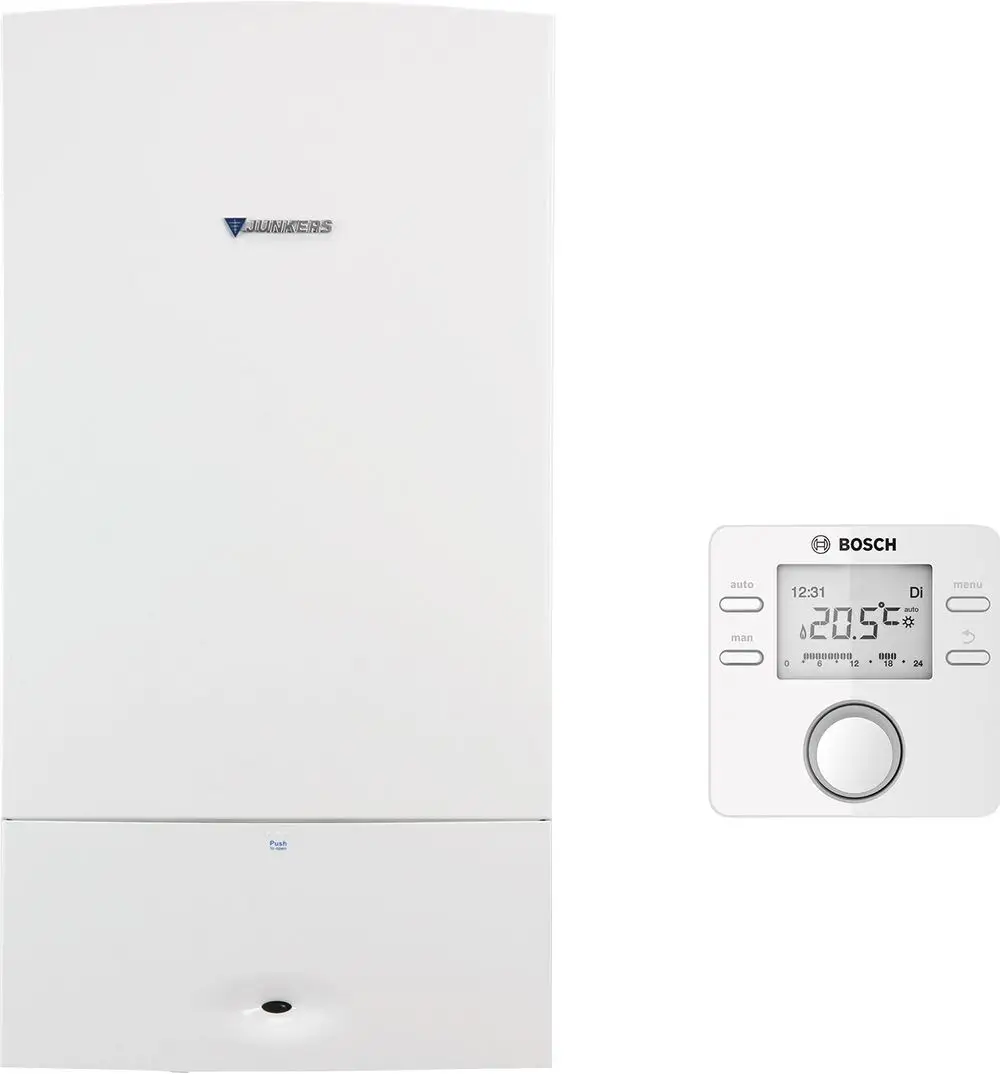 Weiße Gasheizung mit digitalem Thermostat von Bosch. Die Geräte sind für die Heizungssteuerung konzipiert und zeigen aktuelle Temperatur und Einstellungen an.